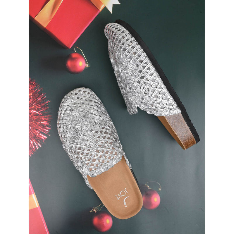 Jove Women Silver Woven Design Mules (EURO 38)