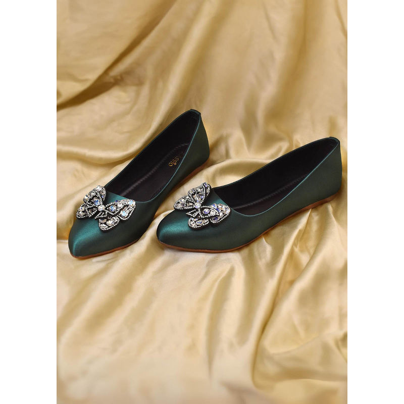 YASSIO Women Emerald Green Satin Butterfly Ballerinas (EURO 36)