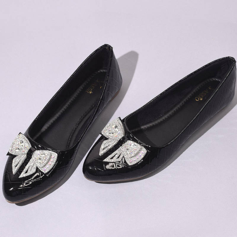 YASSIO Women Black Croco Bow Ballerinas (EURO 36)