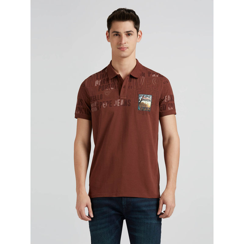 Pepe Jeans Brown Typographic Print Half Sleeve Polo T-Shirt (M)