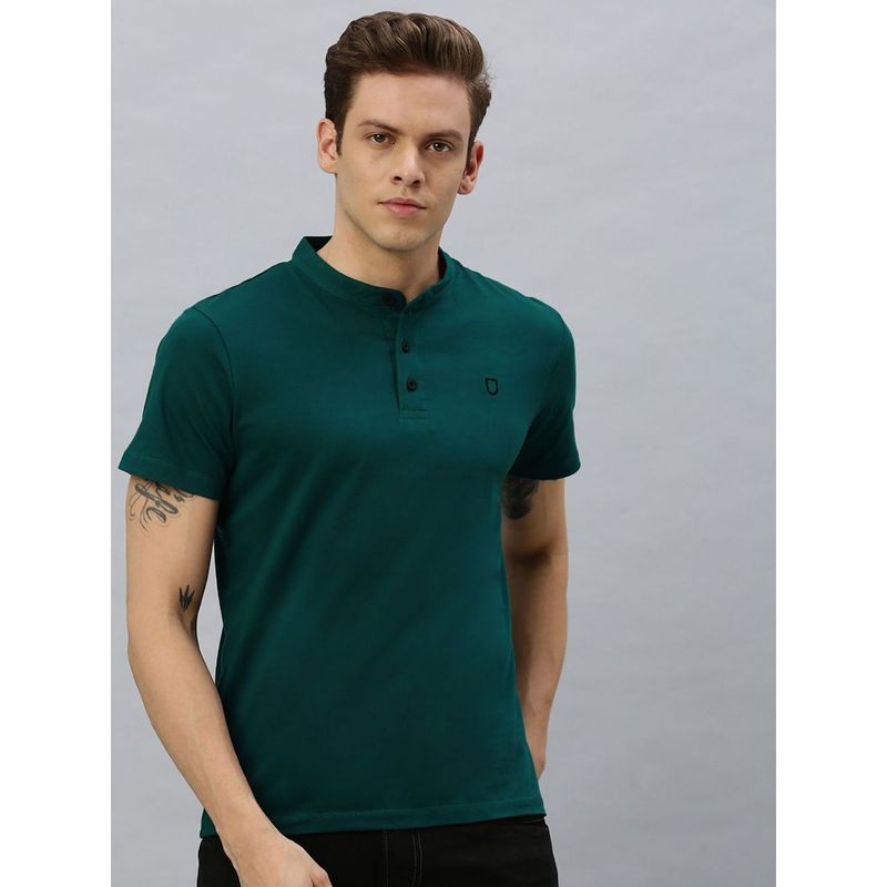 Urbano Fashion Men Dark Green Solid Mandarin Collar Cotton T-Shirt (L)