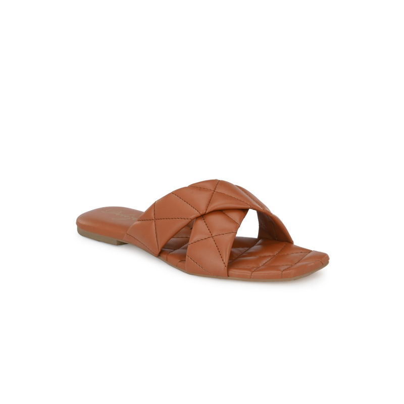 Delize Womens Tan Solid Vegan Leather, Quilted Cross Strap Flat Sandals (UK 3)