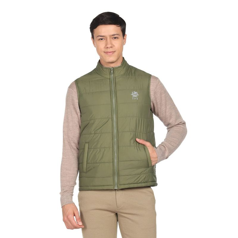 U.S. POLO ASSN. Men Green High Neck Sleeveless Solid Padded Jacket (L)