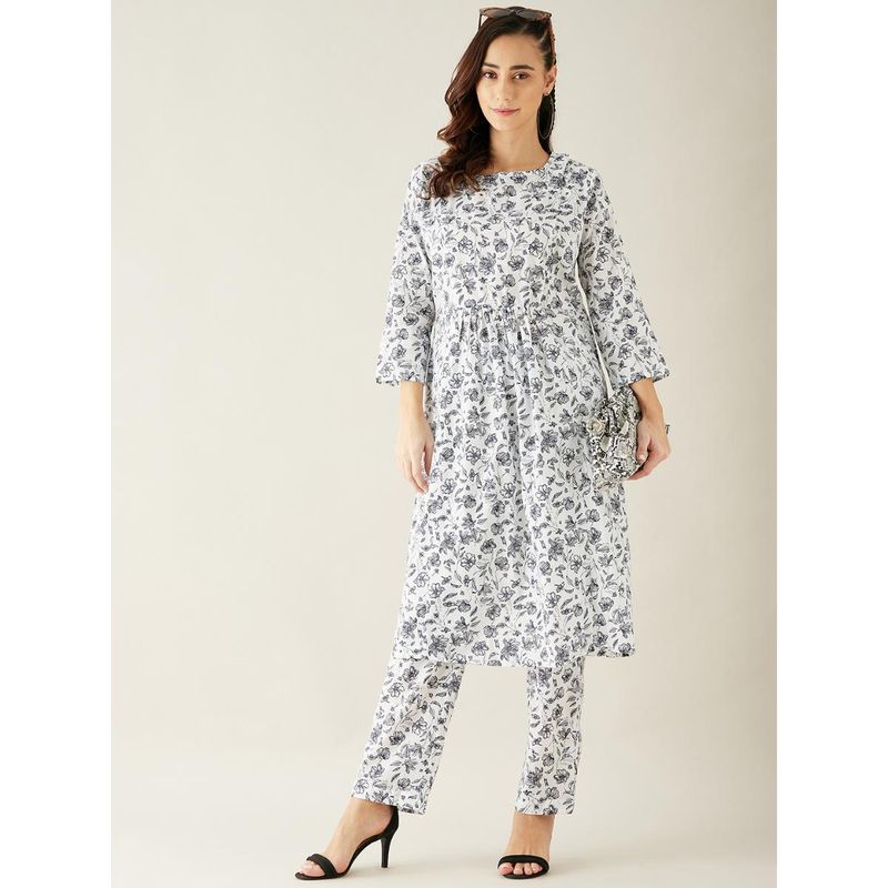 The Kaftan Company White Floral Print Soft Cotton Kurti and Pyjama (M)