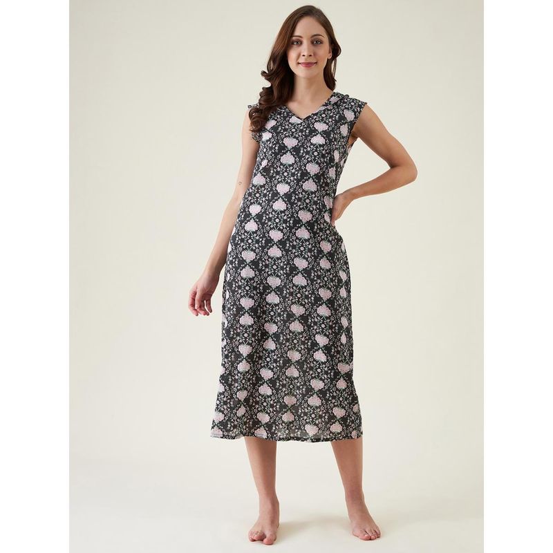 The Kaftan Company Black Floral Sleeveless Cotton Nightdress for Women (XL)