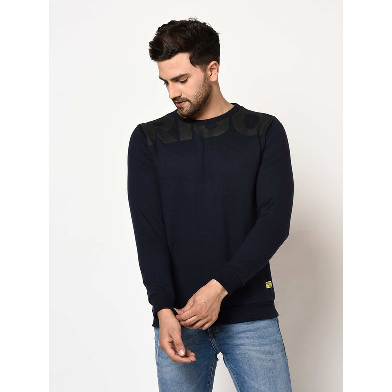 RIGO Men Navy Printed Round Neck Fleece Sweatshirt (M)