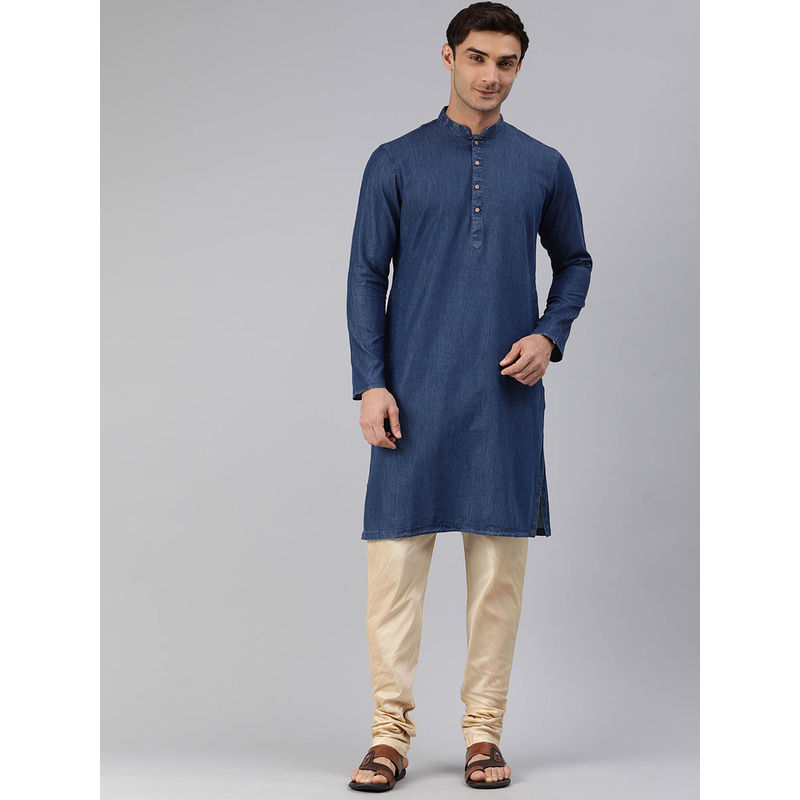 Manthan Blue Cotton Solid Kurta (S)