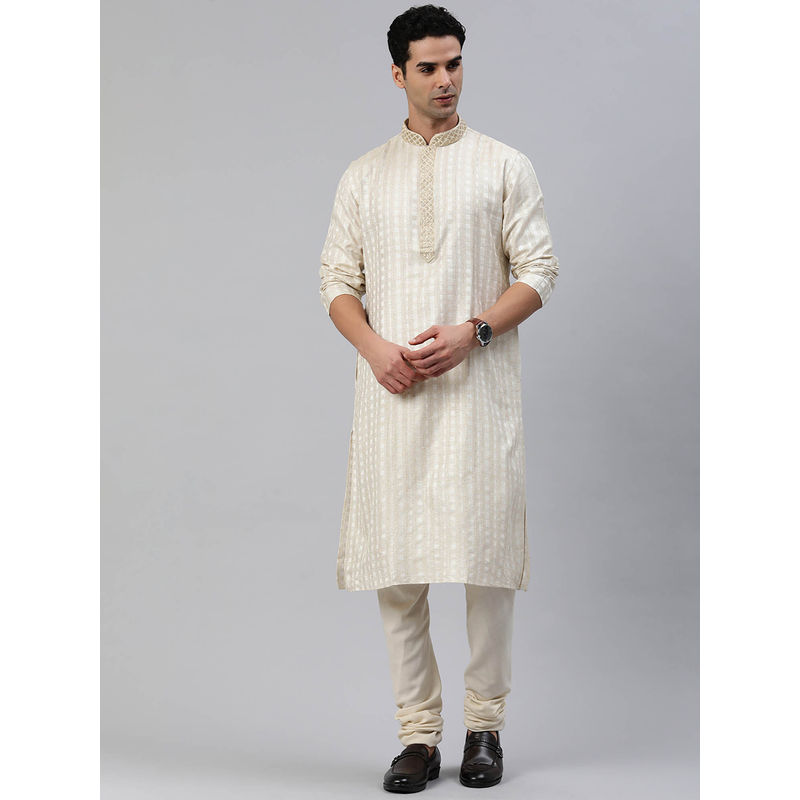 Manthan Cream Art Silk Self Design Kurta (S)