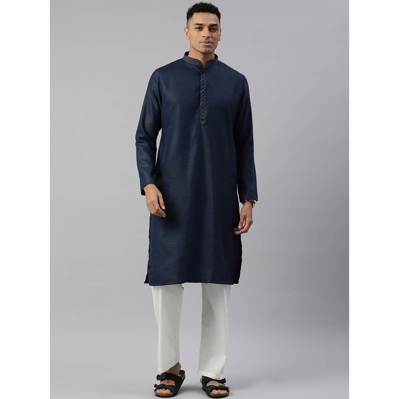 Manthan Blue Blended Viscose Self Design Kurta with Pyjama (Set of 2) (XL)