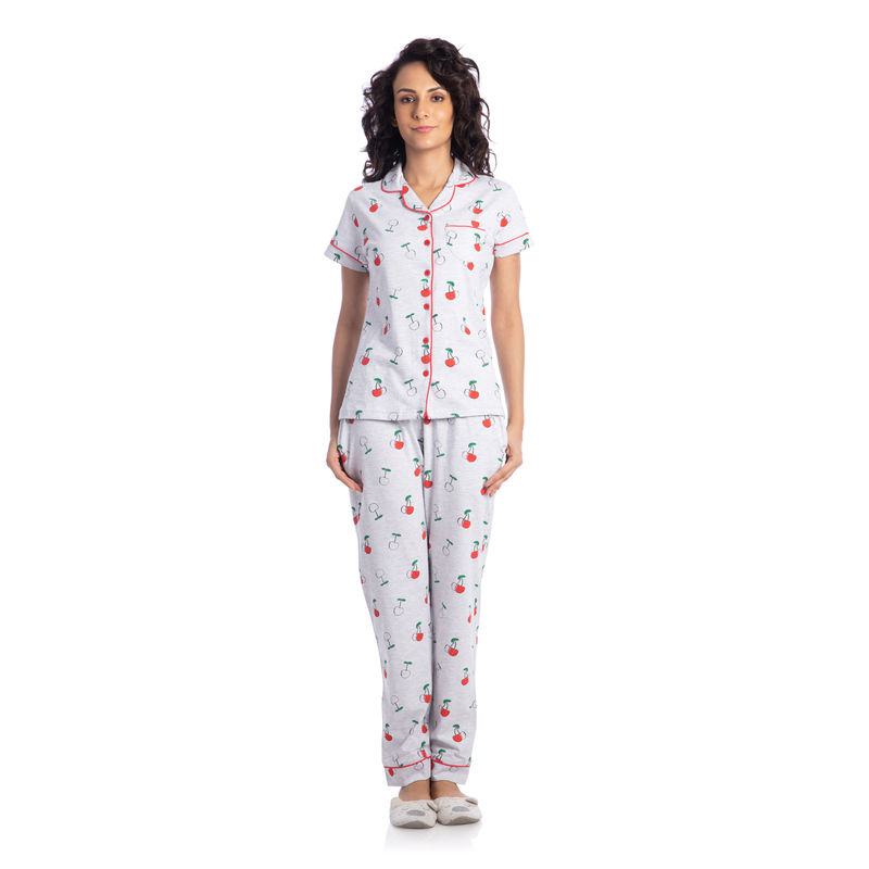 Nite Flite Women's Sweet Cherry Cotton Pyjama Set - Grey (L)