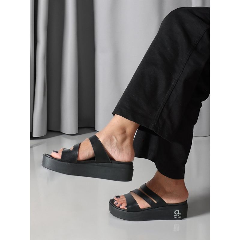 Carlton London Fashionable Black Color Flatform Heel Comfort Sandals (EURO 37)