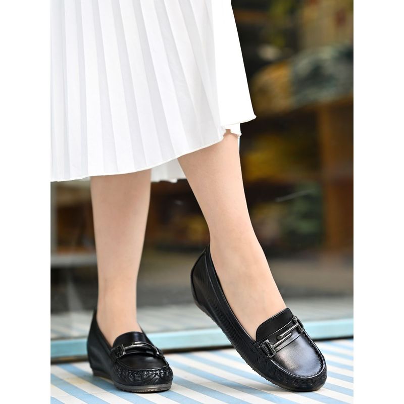 Shoetopia Smart Casual Buckle Detailed Black Loafers for Women (EURO 41)