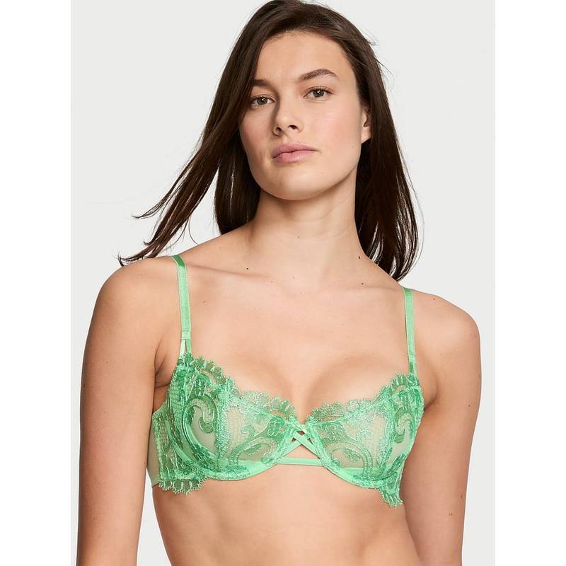 Victoria's Secret Dream Angels Wicked Unlined Boho Floral Embroidery Balconette Bra Green (32DDD)
