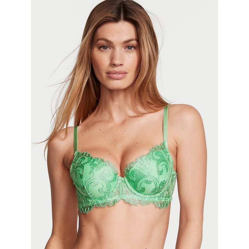 Victoria's Secret Dream Angels Boho Floral Embroidery Lightly Lined Demi Bra Green (32B)
