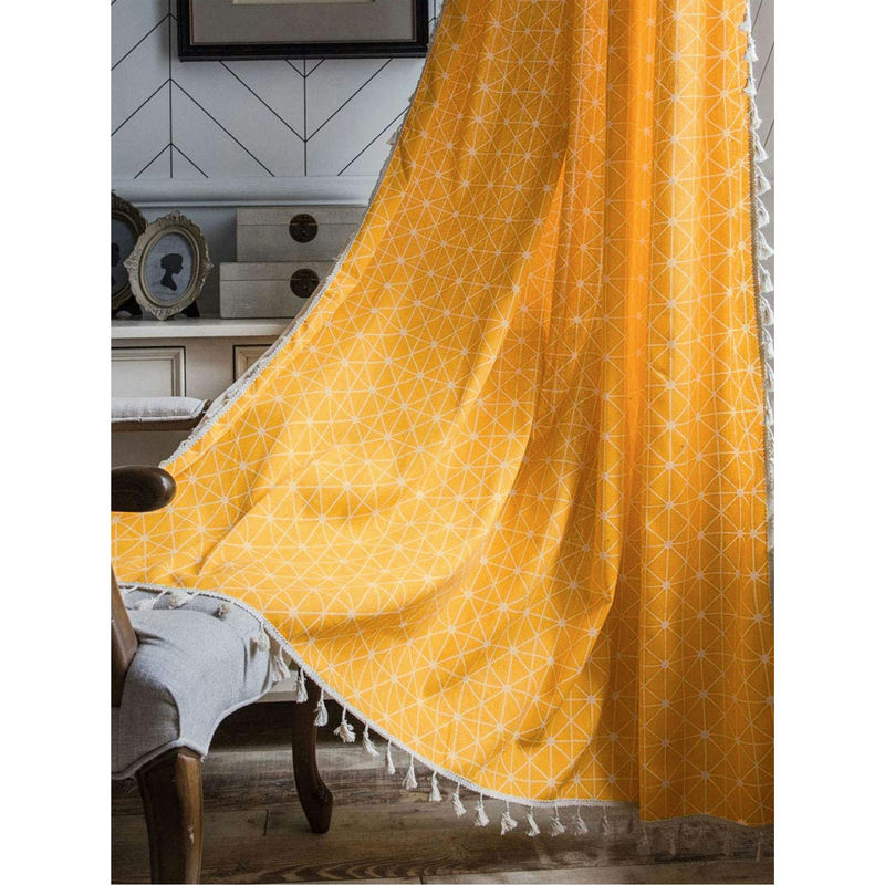 Urban Space Cotton Window Curtains with Eyelets & Tieback 1 Piece Yellow Star (4X5 Feet)