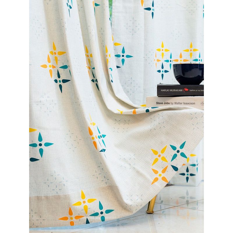 Urban Space Cotton Window Curtains with Eyelets & Tieback Mosaic Yellow & Blue (Pack of 2) 5x4 feet