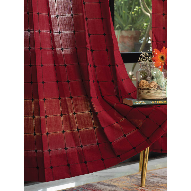 Urban Space Pixel Checks Embroidery Cotton Curtain Window - Maroon (Pack of 2) (4X5 Feet)