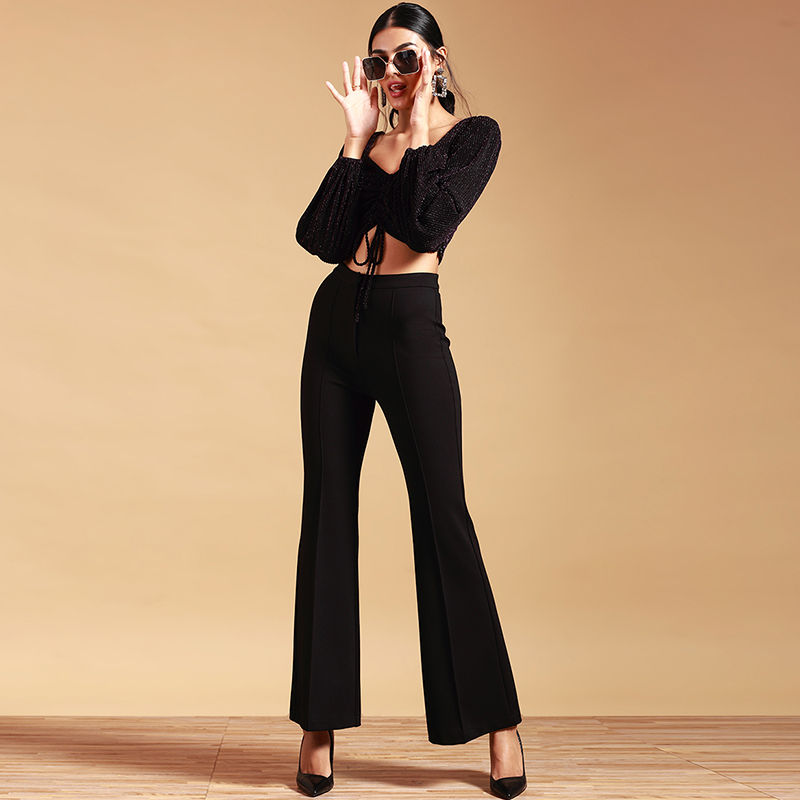 RSVP By Nykaa Fashion Shimmering Lines Crop Top - Black (XS)