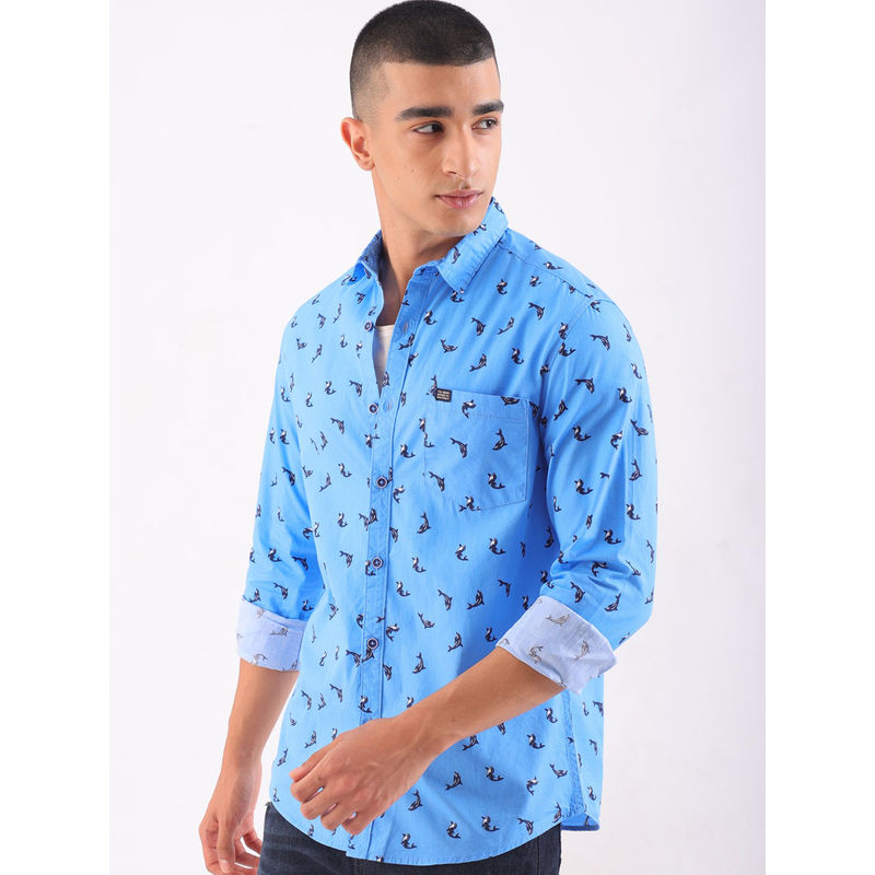 The Indian Garage Co Men Printed Cutaway Collar Casual Shirt Aqua (S)