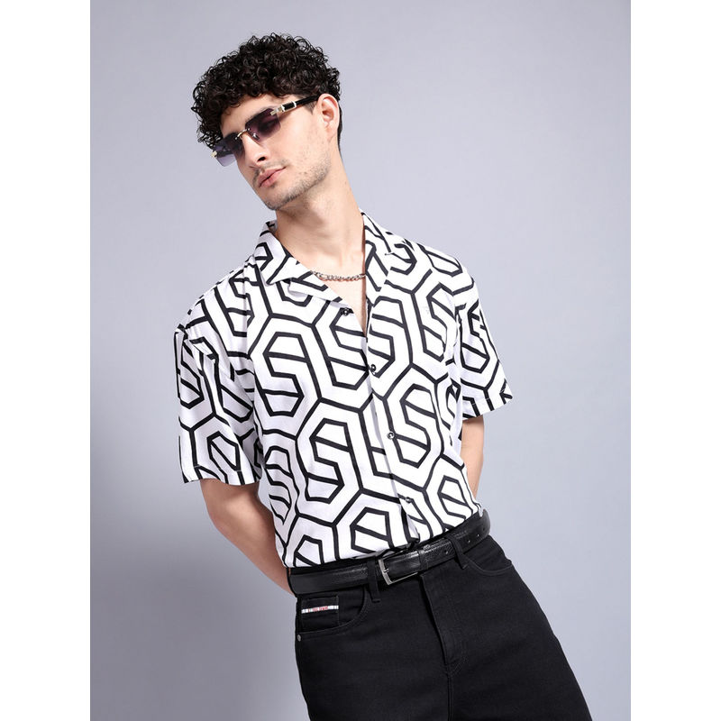 The Indian Garage Co Men Geometric Printed Cutaway Collar Party Wear Shirt White (S)