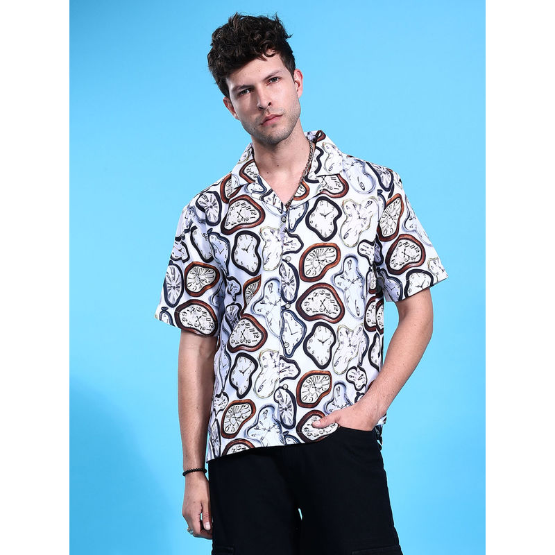 The Indian Garage Co Men Oversized Vintage Cuban Collar Street Wear Shirt Off White (S)