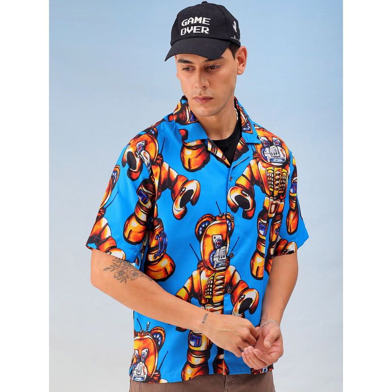 The Indian Garage Co Men Oversized Robotic Cuban Collar Street Wear Shirt Blue (S)