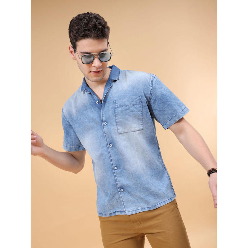 The Indian Garage Co Men Solid Camp Collar Street Wear Denim Shirt Faded Blue (S)