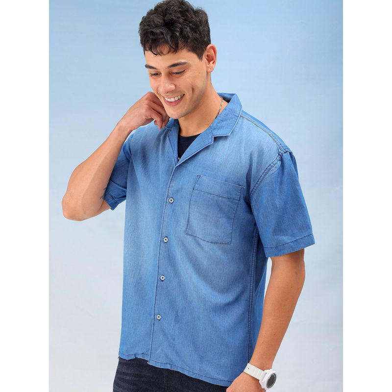 The Indian Garage Co Men Solid Camp Collar Street Wear Denim Shirt Blue (XL)