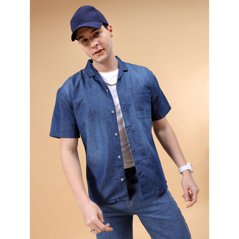 The Indian Garage Co Men Solid Camp Collar Street Wear Denim Shirt Navy Blue (M)