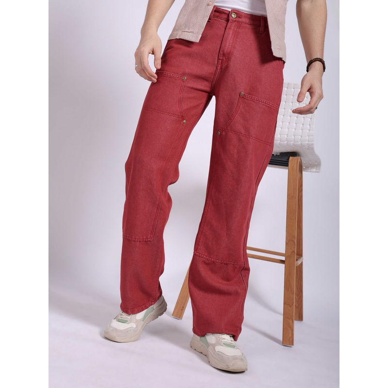 The Indian Garage Co Men Baggy Solid Mid Rise Carpenter Denim Jeans Red (32)
