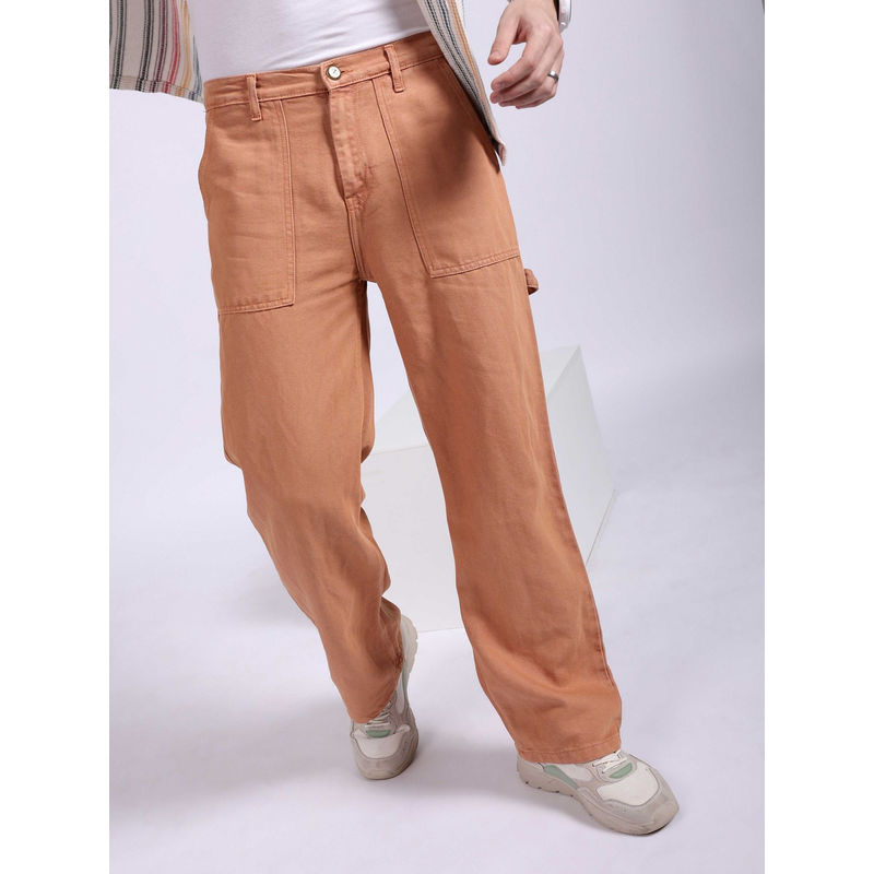 The Indian Garage Co Men Baggy Solid Mid Rise Stretchable Jeans Brown (30)