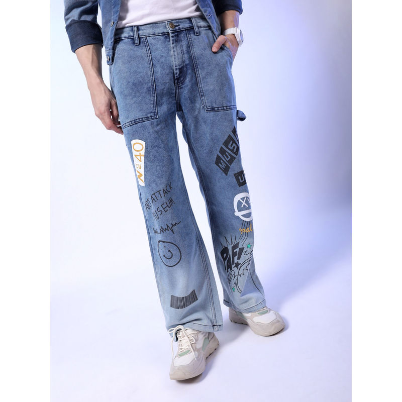 The Indian Garage Co Men Baggy Print Mid Rise Stretchable Jeans Blue (32)