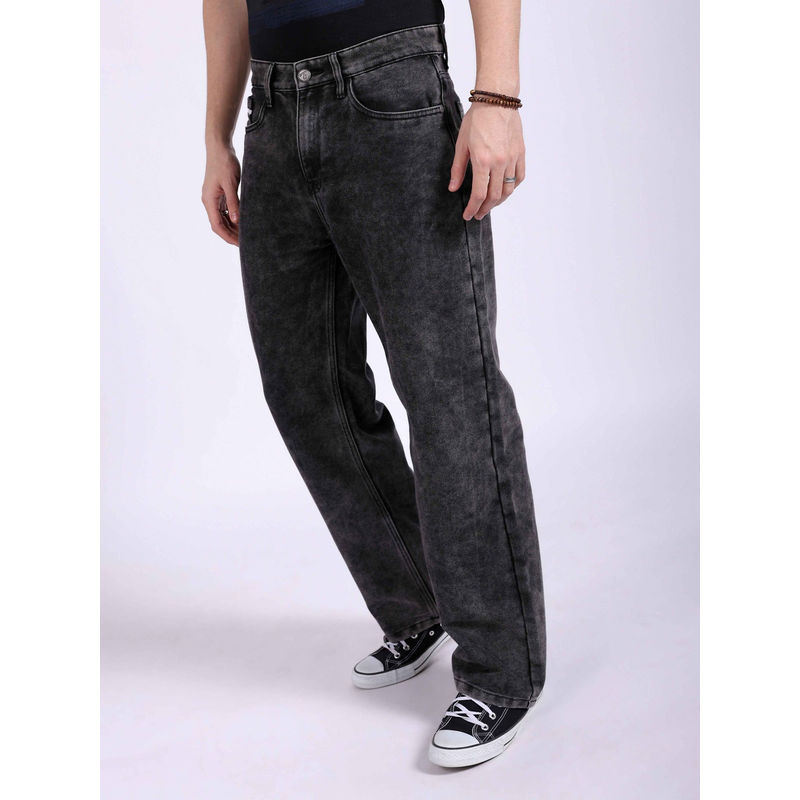 The Indian Garage Co Men Baggy Solid Mid Rise Stretchable Jeans Black (32)
