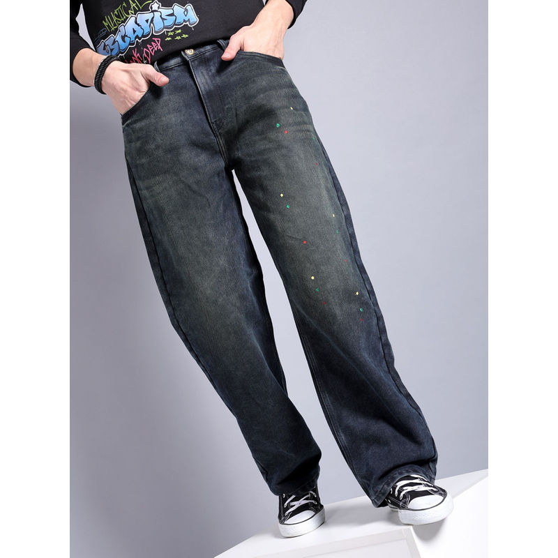 The Indian Garage Co Men Baggy Solid Mid Rise Stretchable Jeans Navy Blue (30)