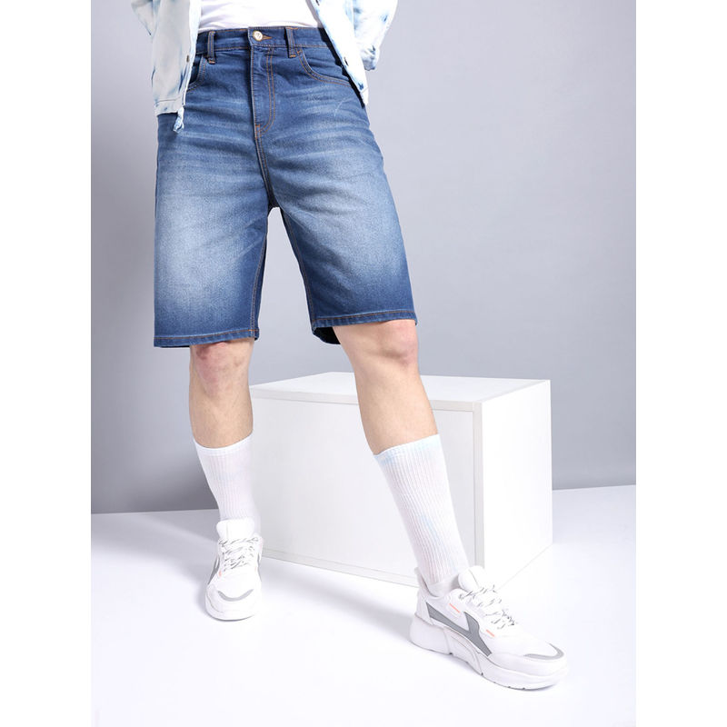 The Indian Garage Co Men Solid Mid Rise Denim Shorts Navy Blue (32)