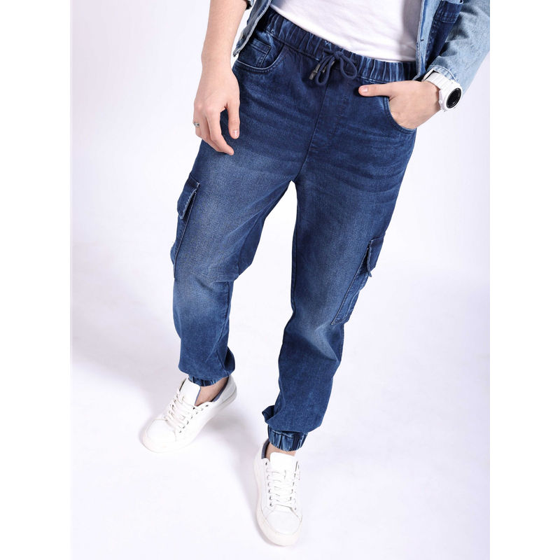 The Indian Garage Co Men Solid Mid Rise Stretchable Denim Cargo Joggers Navy Blue (32)