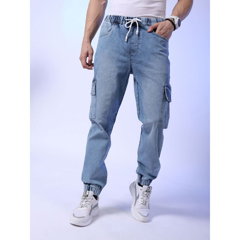 The Indian Garage Co Men Solid Mid Rise Stretchable Denim Cargo Joggers Blue (36)