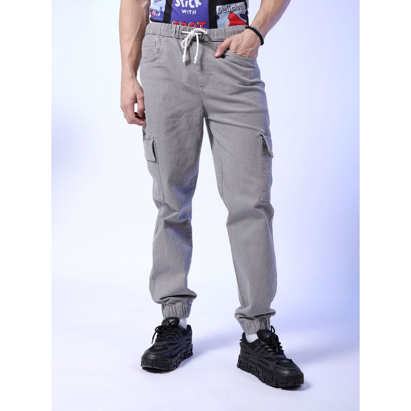 The Indian Garage Co Men Solid Mid Rise Stretchable Denim Cargo Joggers Grey (36)