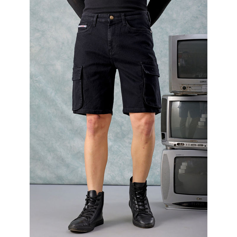 The Indian Garage Co Men Solid Mid Rise Denim G-505 Cargo Shorts Black (34)