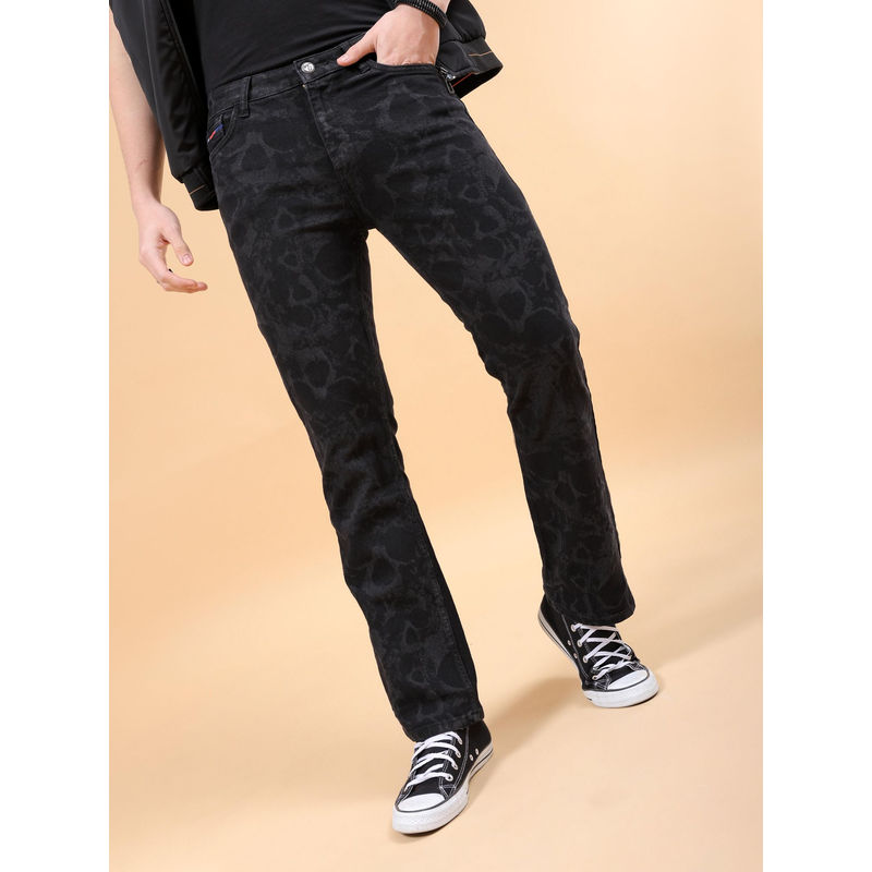 The Indian Garage Co Men Bootcut Laser Print Mid Rise Stretchable Jeans Black (30)