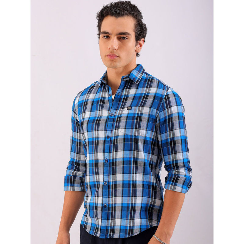 The Indian Garage Co Men Checks Cutaway Collar Casual Shirt Navy Blue (S)