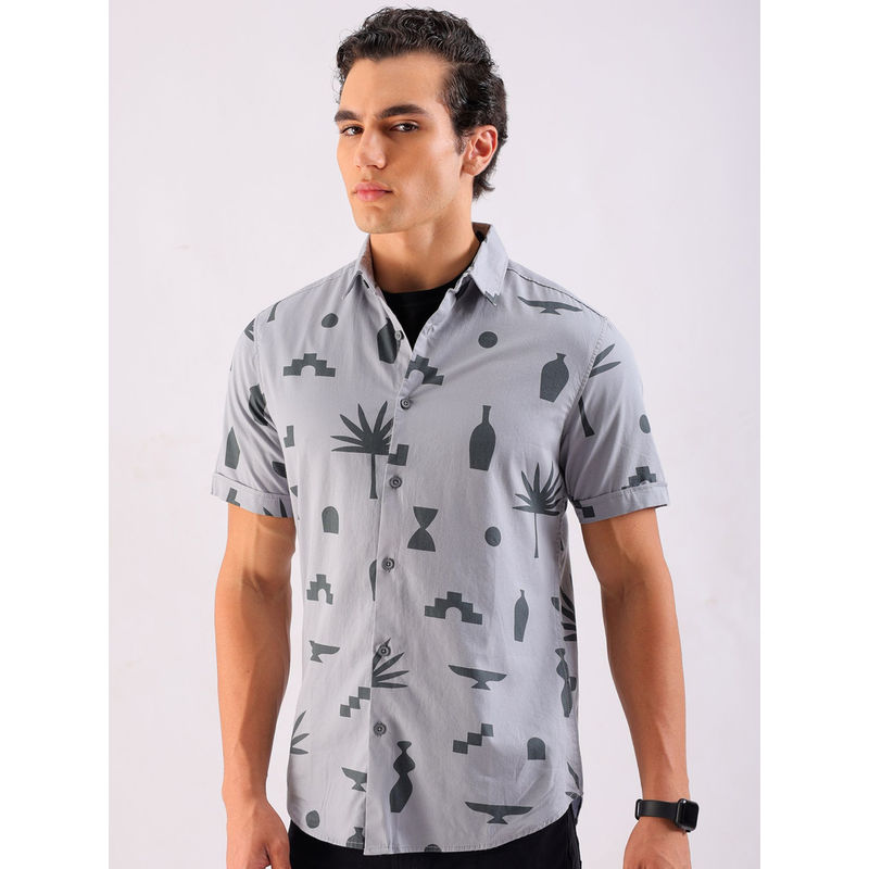 The Indian Garage Co Men Still Life Printed Cutaway Collar Casual Shirt Grey (S)