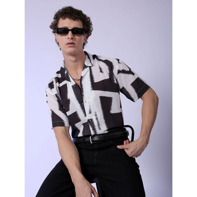The Indian Garage Co Men Abstract Printed Cuban Collar Resort Wear Shirt White (XL)