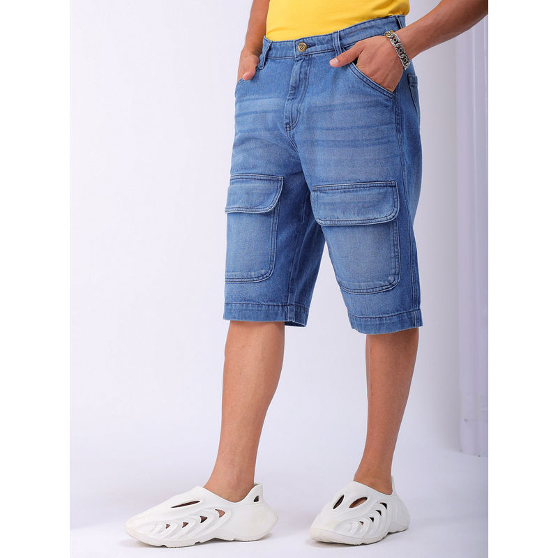 The Indian Garage Co Men Solid Mid Rise Denim Cargo Shorts Blue (32)
