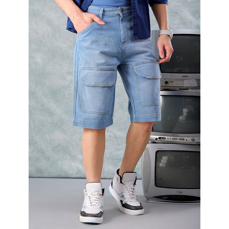 The Indian Garage Co Men Solid Mid Rise Denim Cargo Shorts Light Blue (32)