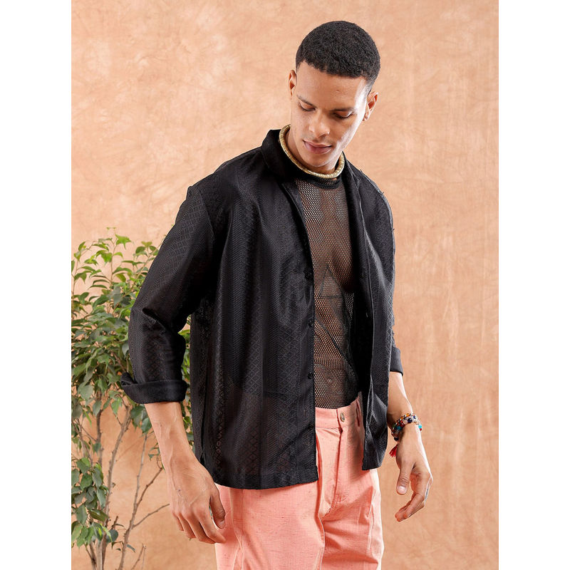 The Indian Garage Co Men Self Design Cuban Collar Resort Wear Shirt Black (M)