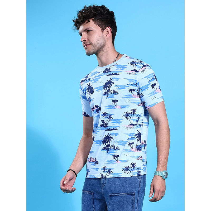 The Indian Garage Co Men Tropical Print Round Neck T-Shirt Blue (S)