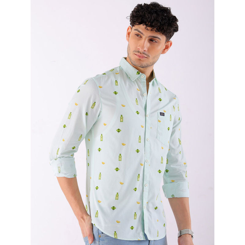 The Indian Garage Co Men Printed Cutaway Collar Casual Shirt Blue (S)