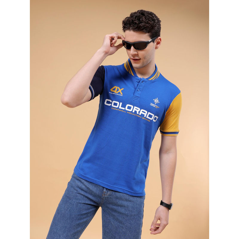 The Indian Garage Co Men Print Polo T-Shirt Blue (S)