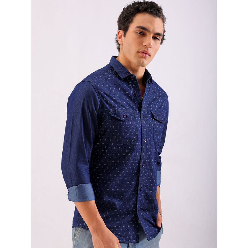 The Indian Garage Co Men Print Cutaway Collar Street Wear Denim Shirt Navy Blue (S)